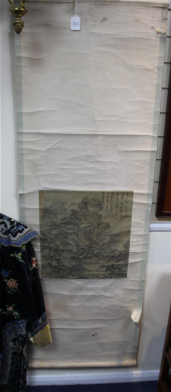 A Chinese silk scroll painting, Qing dynasty, image 44.5 x 42cm, some wear upper left